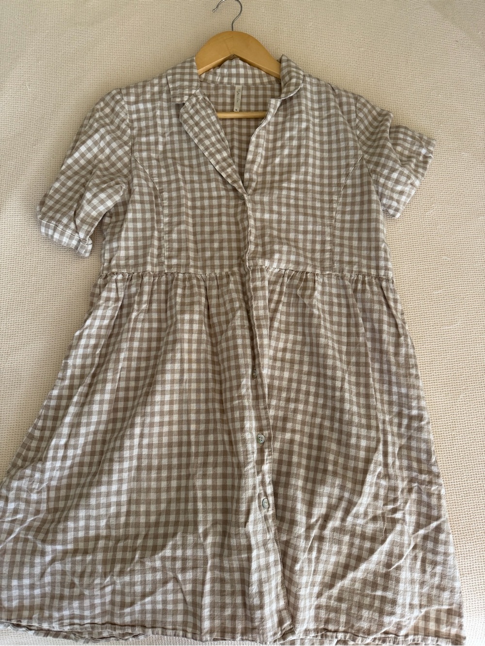 Rylee and Cru Linen Cotton Beige Gingham Button-Front Short Sleeve Dress - Picture 2 of 8